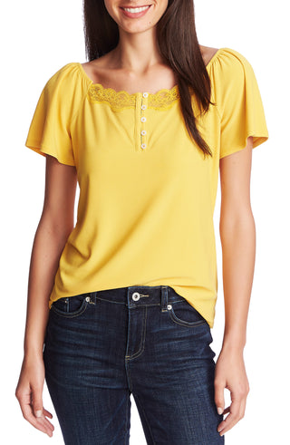 CeCe Women's Lace Short Sleeve Boat Neck Top Yellow Size X-Large