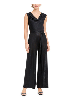 CONNECTED APPAREL Women's  Textured Belted Solid Sleeveless Cowl Neck Wear to Work Jumpsuit Black Size 8 P