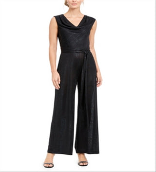 CONNECTED APPAREL Women's  Textured Belted Solid Sleeveless Cowl Neck Wear to Work Jumpsuit Black Size 8 P