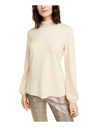 Alfani Women's Petite Embellished Mock-Neck Sweater  - Cocoa Butter Brown Size Petite L