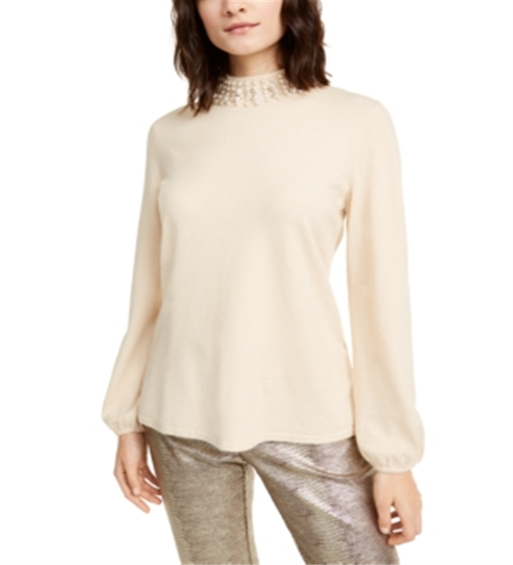 Alfani Women's Petite Embellished Mock-Neck Sweater  - Cocoa Butter Brown Size Petite L