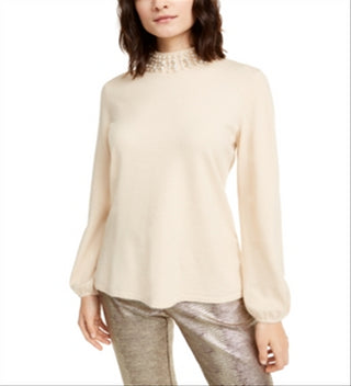 Alfani Women's Petite Embellished Mock-Neck Sweater  - Cocoa Butter Brown Size Petite L