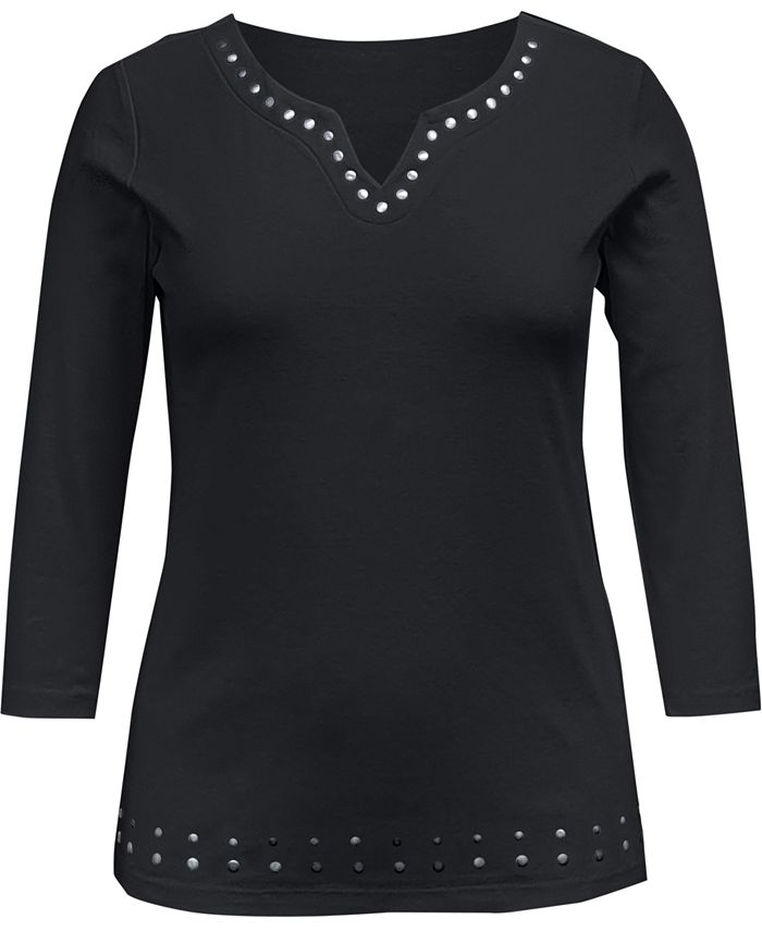 Karen Scott Women's Cotton Split Neck Grommet Top -Black Size S
