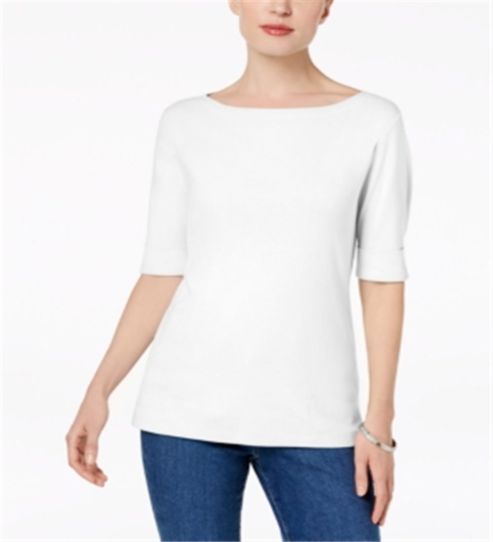 Karen Scott Women's Petites Cuffed Sleeve Boat Neck T-Shirt White Size Petite S