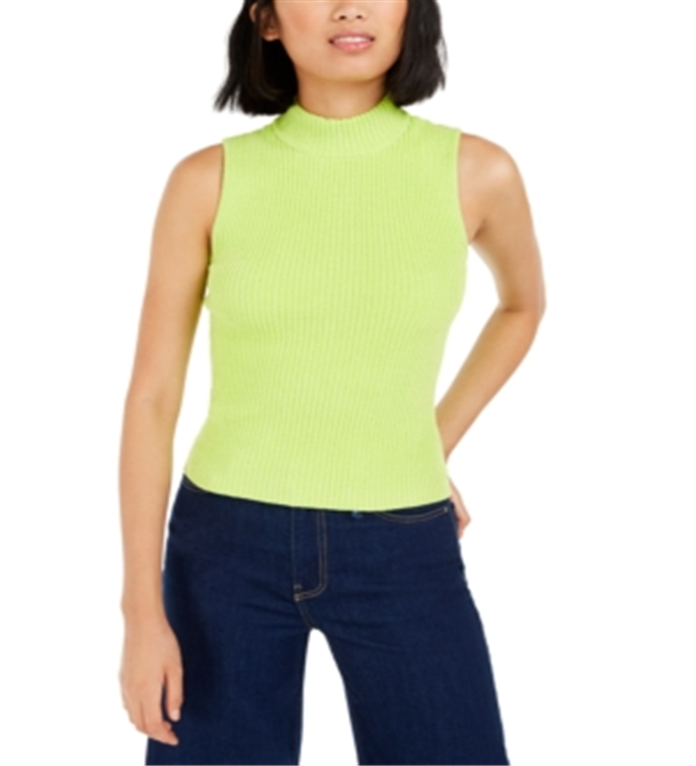 Bar III Women's Mock-Neck Sweater Tank Top   Neon Green  Size XL