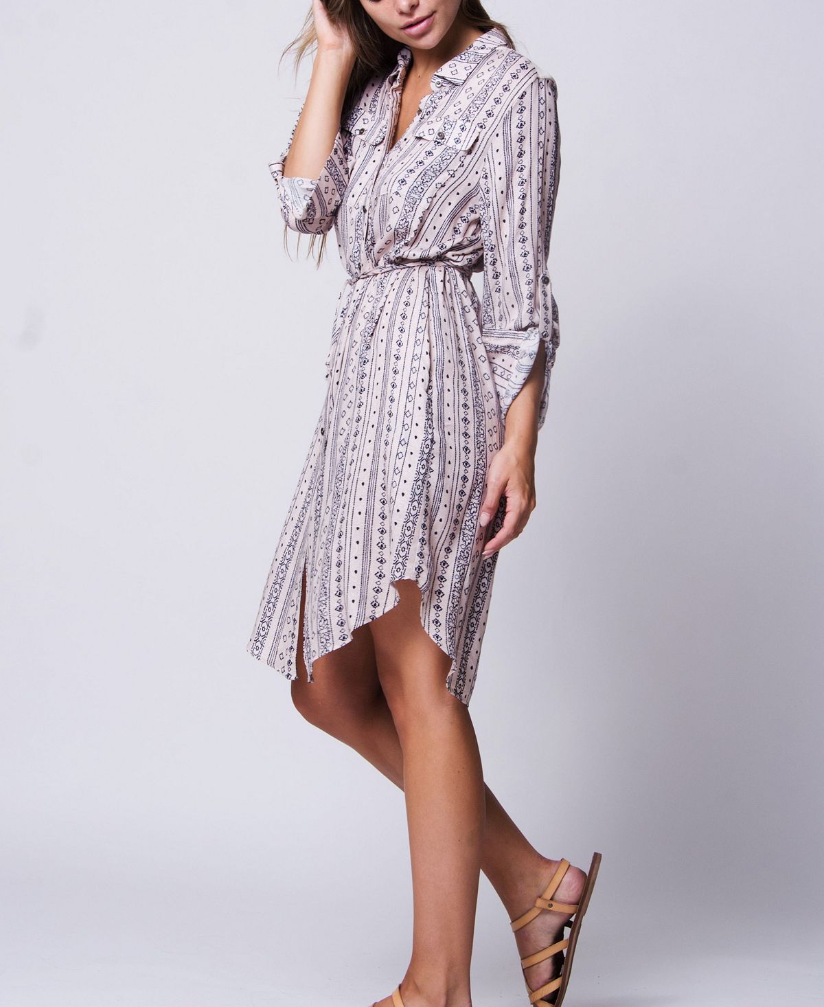 Wanderlux Women's Adjustable Sleeves V Neck Button Down Laxey Shirt Dress PinkSize L