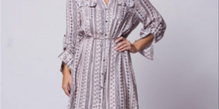 Wanderlux Women's Adjustable Sleeves V Neck Button Down Laxey Shirt Dress PinkSize L