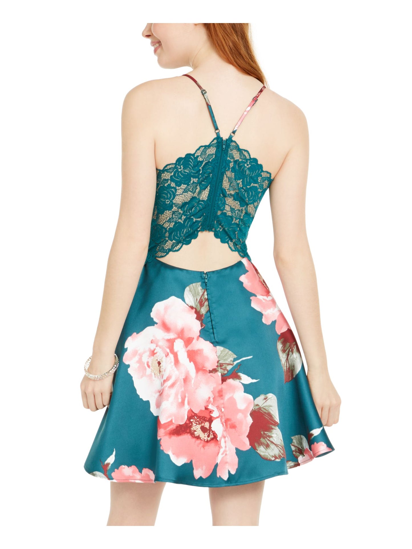 City Studios Women's Floral Spaghetti Strap V Neck Short Fit Flare Dress Green Size 0