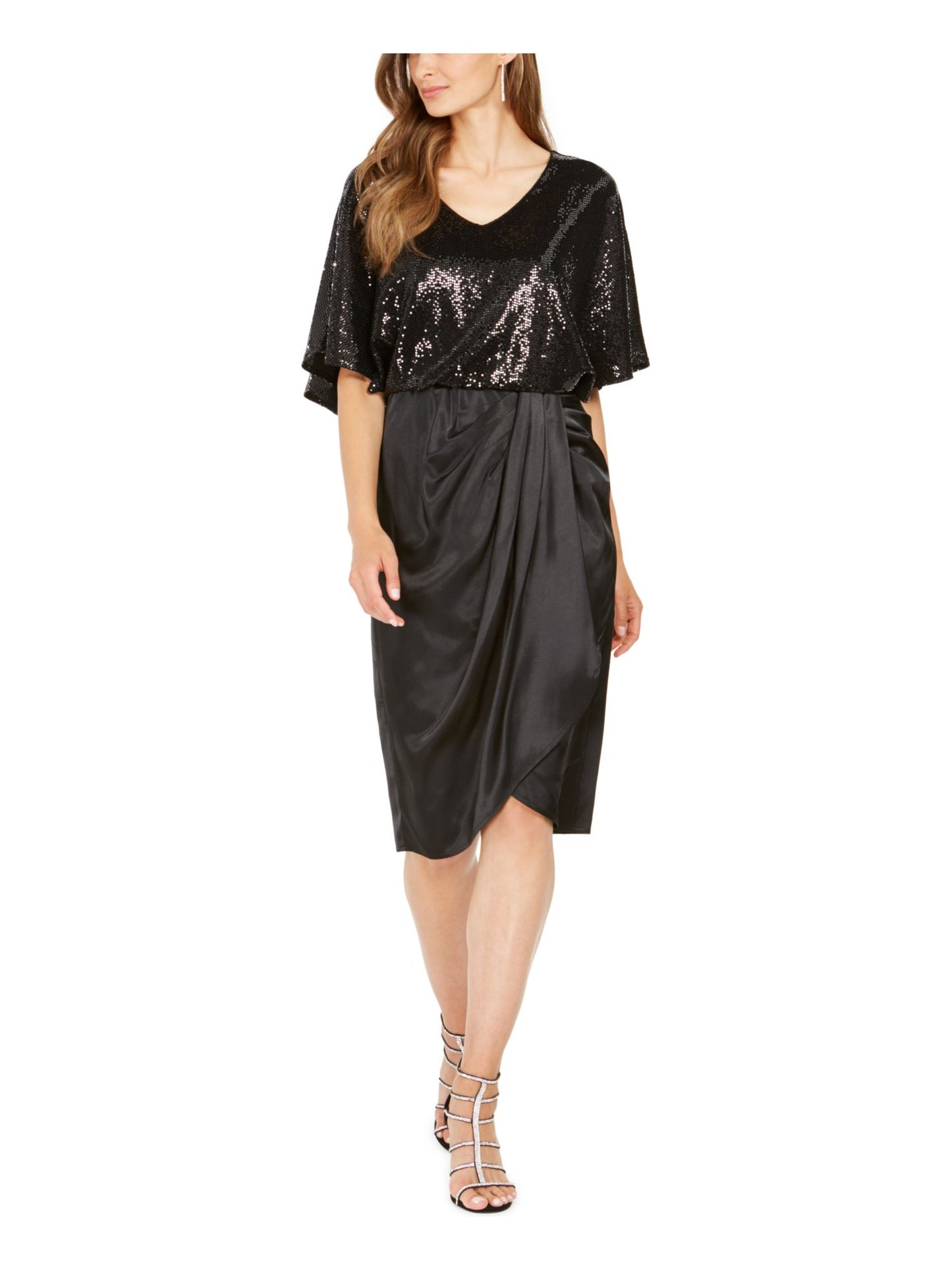 28th & Park Women's  Sequined Short Sleeve V Neck Knee Length Sheath Evening Dress  Black Size 10