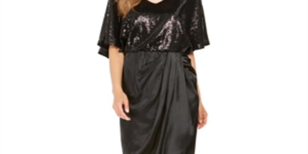 28th & Park Women's  Sequined Short Sleeve V Neck Knee Length Sheath Evening Dress  Black Size 10