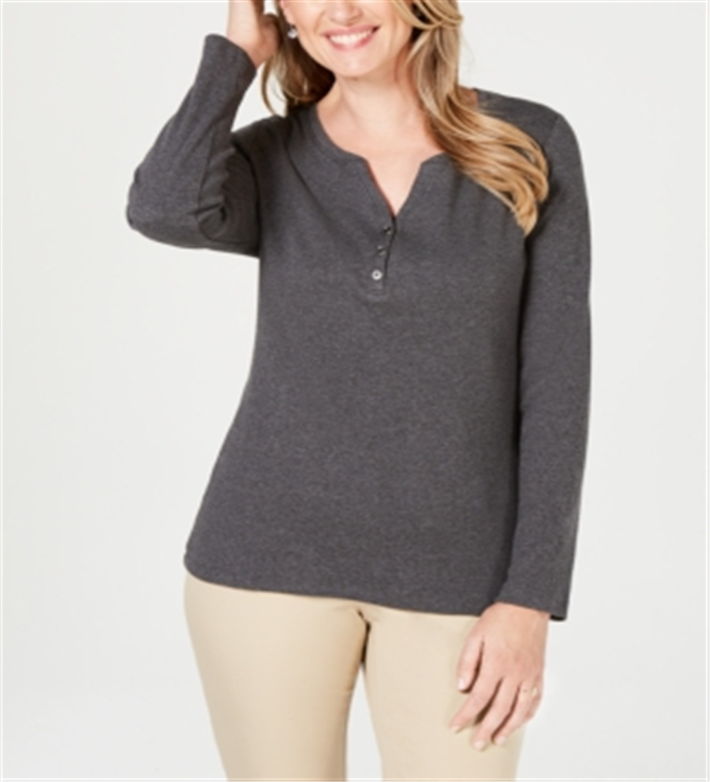 Karen Scott Women's Petite Cotton Henley-Neck Top  - Charcoal Heather Black Size Petite M