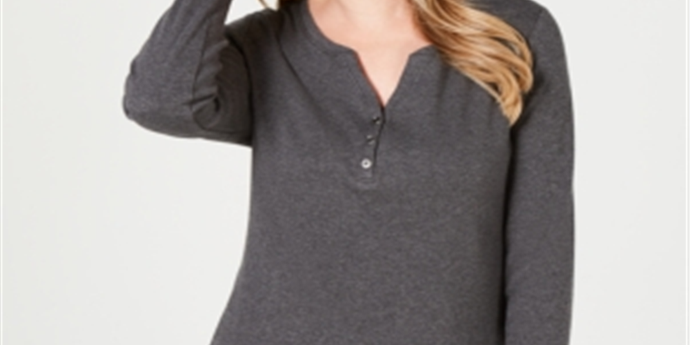 Karen Scott Women's Petite Cotton Henley-Neck Top  - Charcoal Heather Black Size Petite M