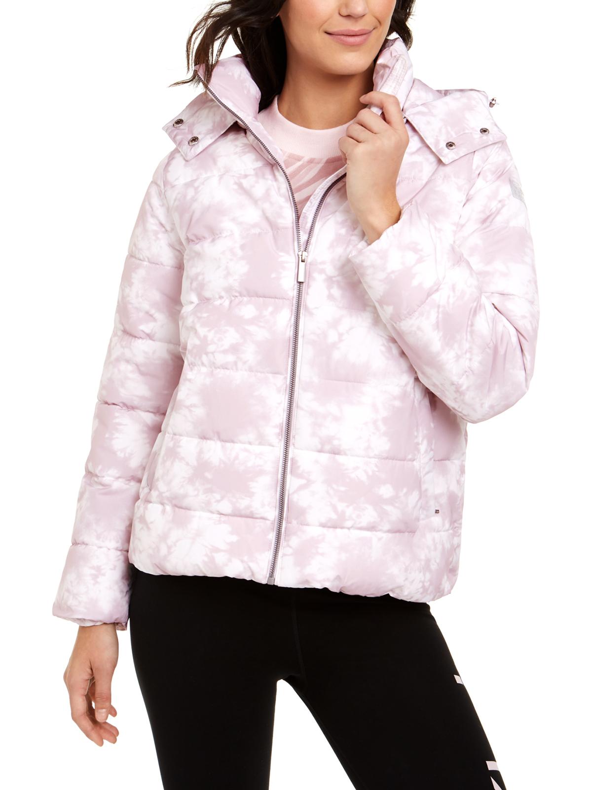 Calvin Klein Women's Printed Hooded Puffer Jacket Pink Size Large