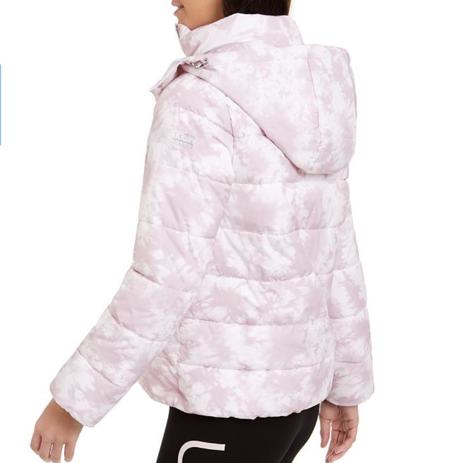 Calvin Klein Women's Printed Hooded Puffer Jacket Pink Size Large