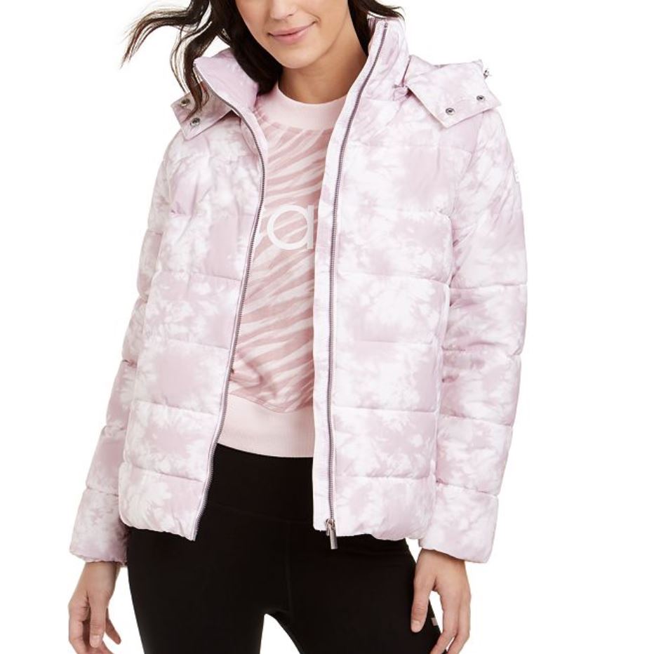 Calvin Klein Women's Printed Hooded Puffer Jacket Pink Size Large