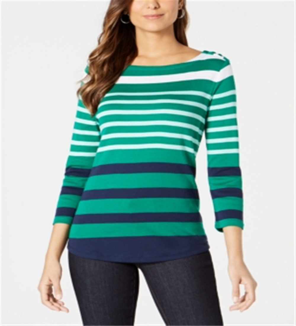 Charter Club Women's Pima Cotton Button-Shoulder Stripe Top  - Killala Green Combo Green Size XS