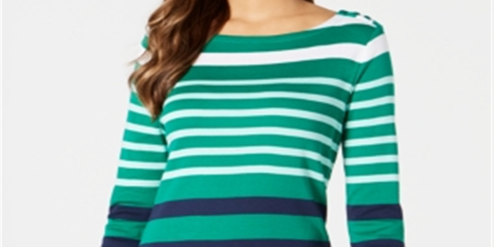 Charter Club Women's Pima Cotton Button-Shoulder Stripe Top  - Killala Green Combo Green Size XS