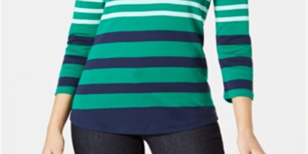 Charter Club Women's Pima Cotton Button-Shoulder Stripe Top  - Killala Green Combo Green Size XS