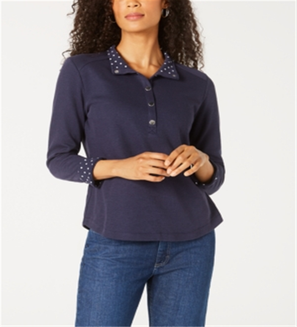 Karen Scott Women's Solid & Printed Collared Top Blue Size Petite Large