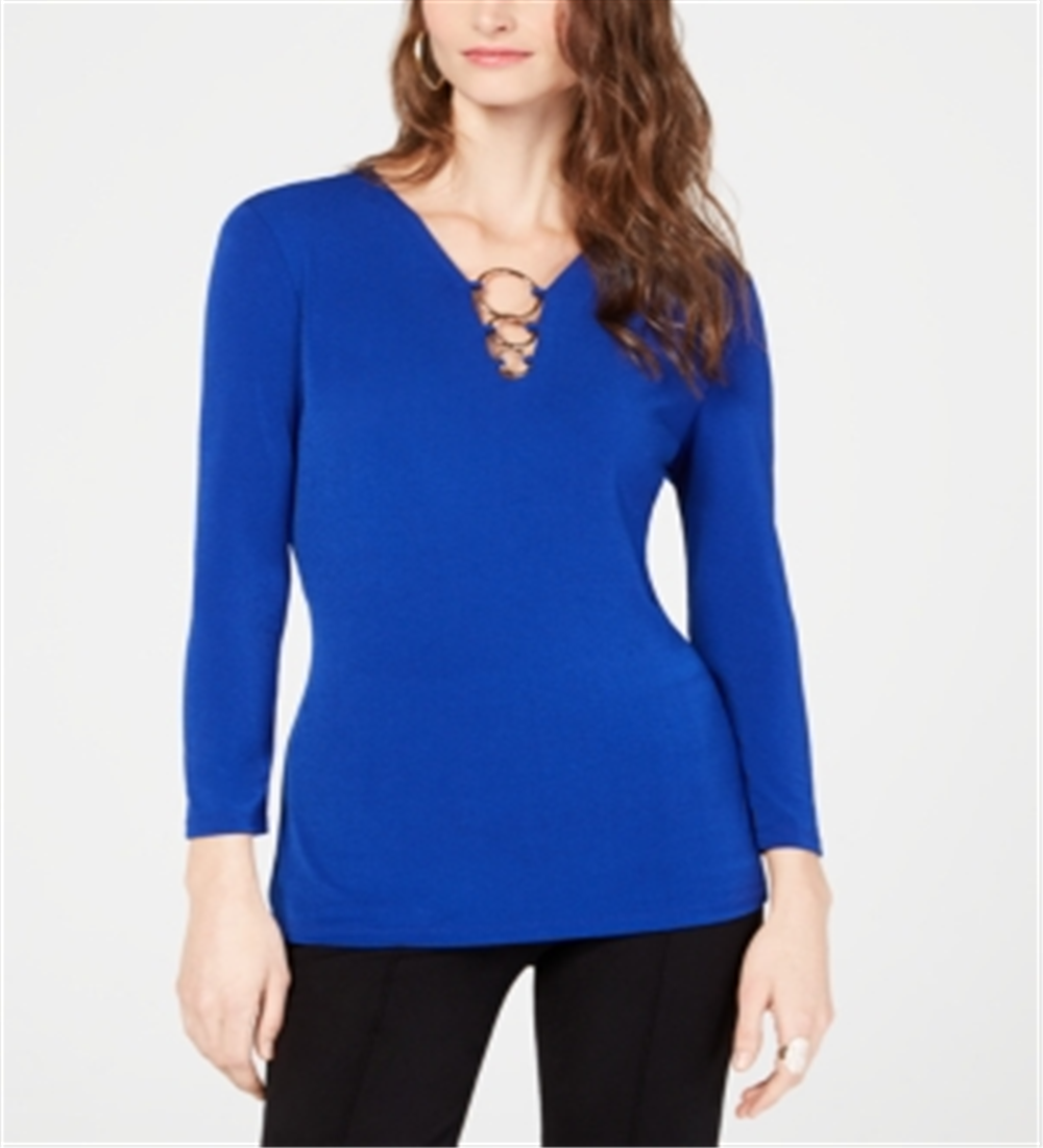 INC International Concepts Women's O Ring V Neck Top Blue Size X-Large