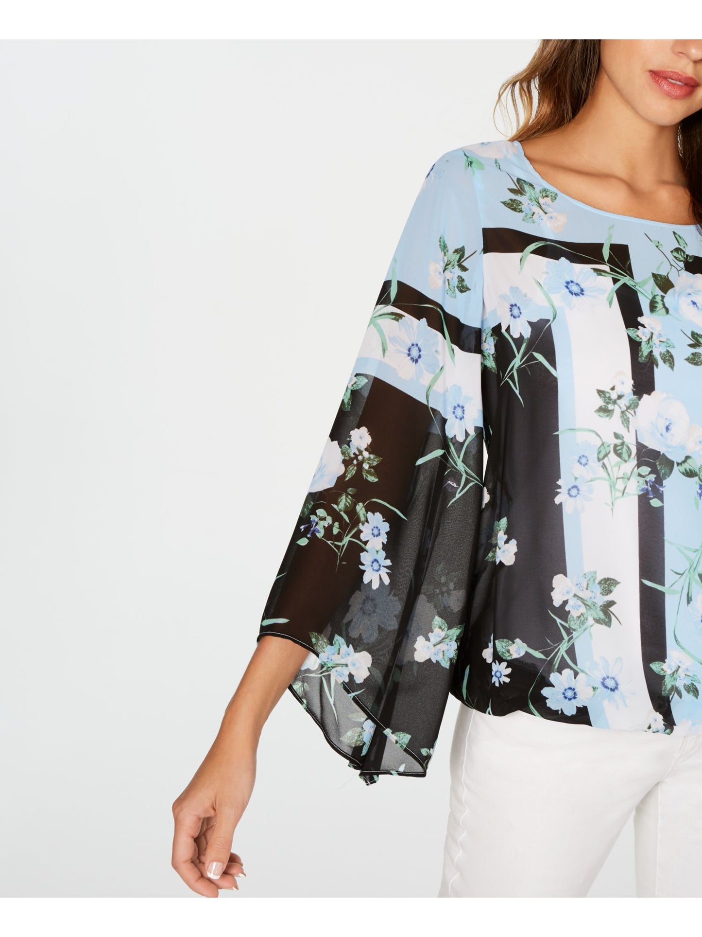 Alfani Women's Printed Angel-Sleeve Top Print Blue Size Medium