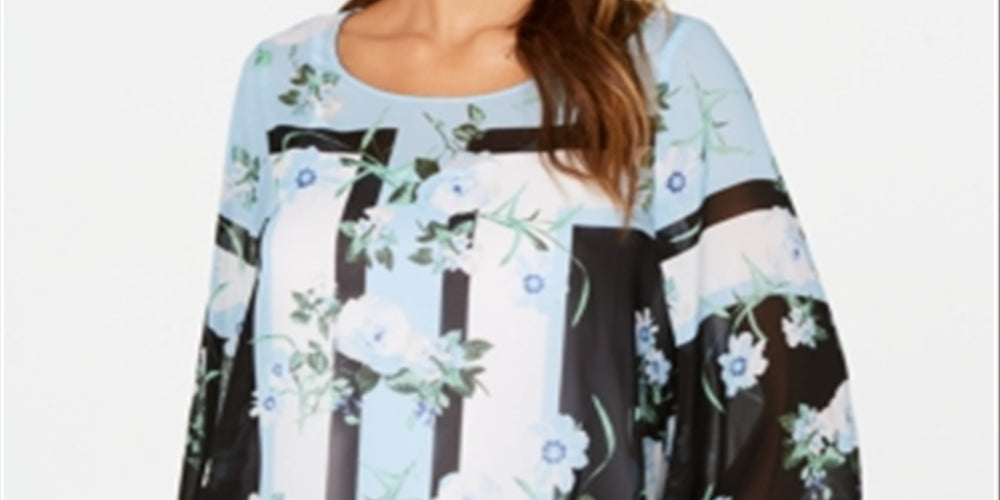 Alfani Women's Printed Angel-Sleeve Top Print Blue Size Medium