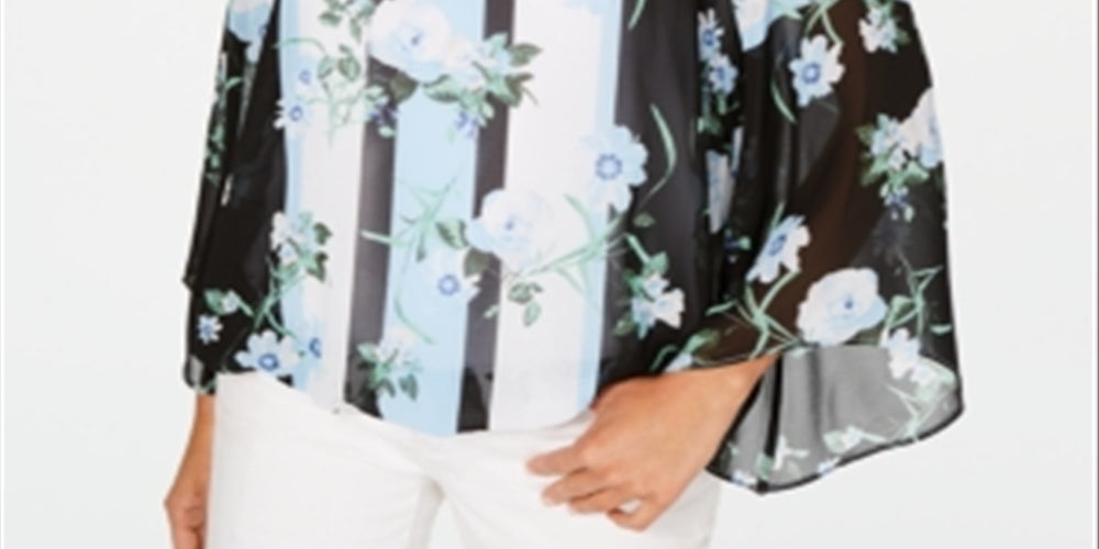 Alfani Women's Printed Angel-Sleeve Top Print Blue Size Medium