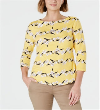 Charter Club Women's Pima Cotton Button Shoulder Printed Top Yellow Size PP