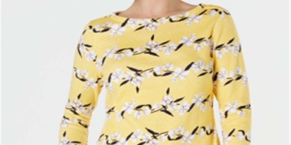 Charter Club Women's Pima Cotton Button Shoulder Printed Top Yellow Size PP