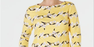 Charter Club Women's Pima Cotton Button Shoulder Printed Top Yellow Size PP