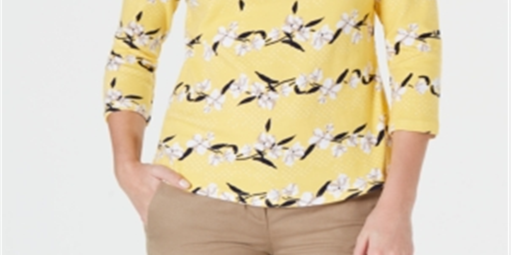 Charter Club Women's Pima Cotton Button Shoulder Printed Top Yellow Size PP