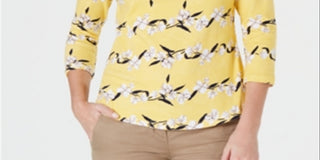 Charter Club Women's Pima Cotton Button Shoulder Printed Top Yellow Size PP