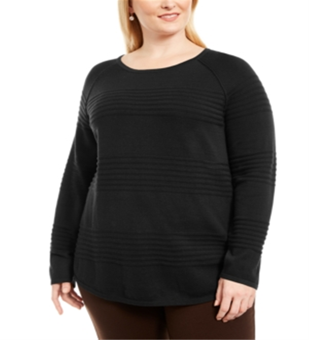 Karen Scott Women's Plus Cotton Textured Stripe Sweater -Black Size 0X