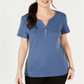 Karen Scott Women's Petite  Henley Top Heather Indigo Blue Size Petite S