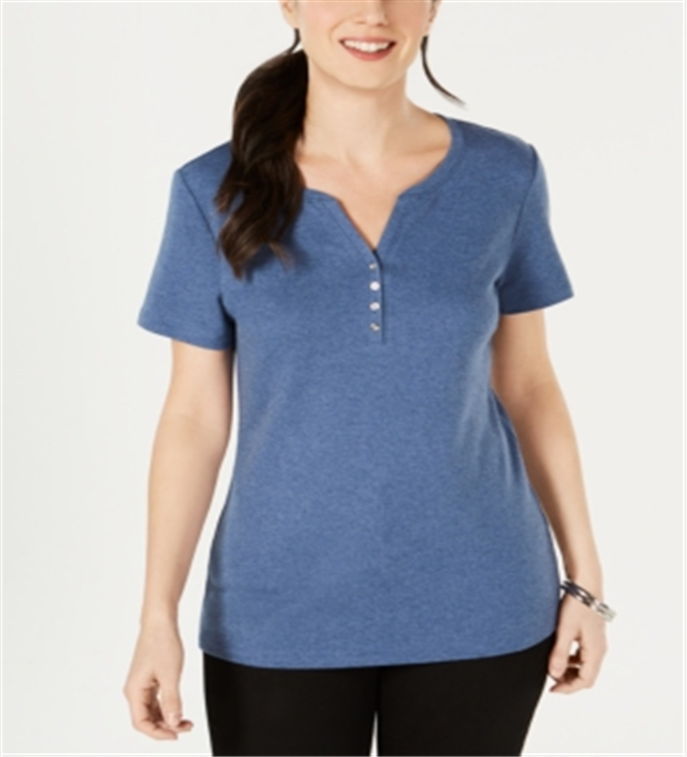 Karen Scott Women's Petite  Henley Top Heather Indigo Blue Size Petite S