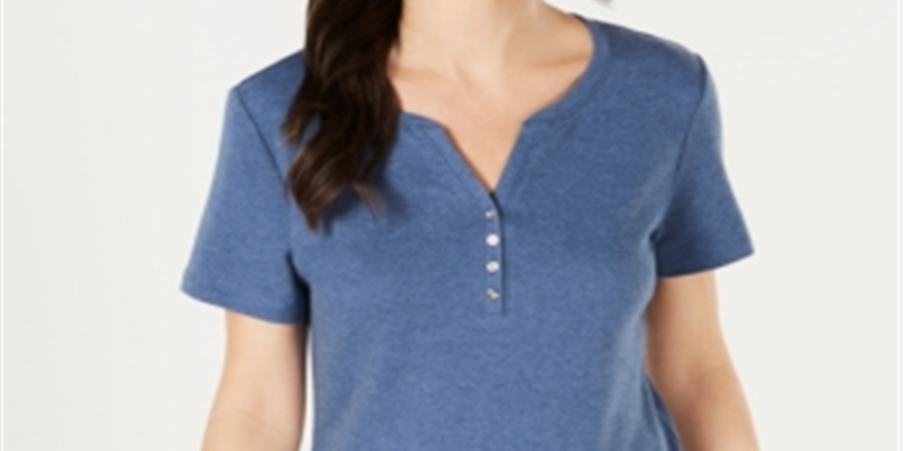Karen Scott Women's Petite  Henley Top Heather Indigo Blue Size Petite S