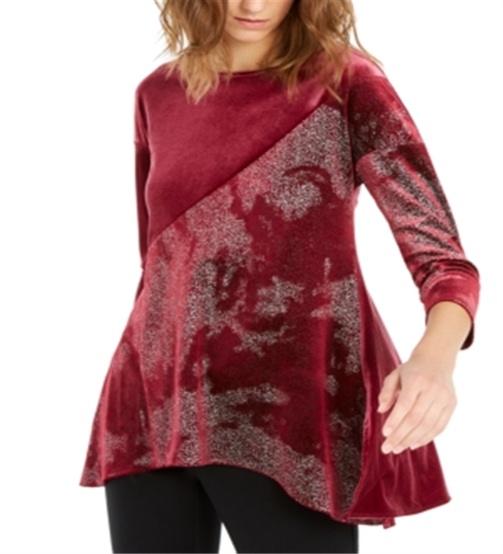 Alfani Women's Speckle 3/4 Sleeve Crew Neck Blouse Evening Top Red Size Medium