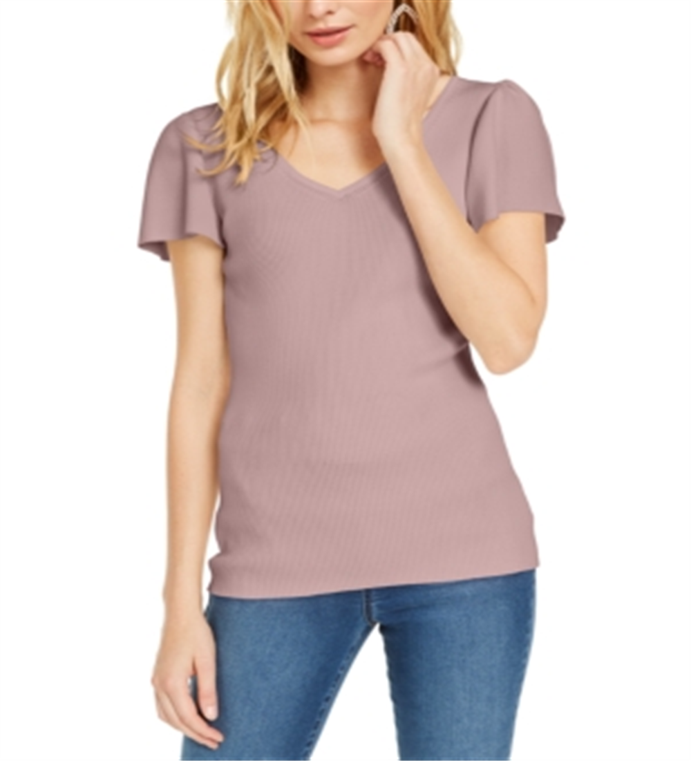 INC Women's  V-Neck Flutter-Sleeve Sweater  Pink Size Medium