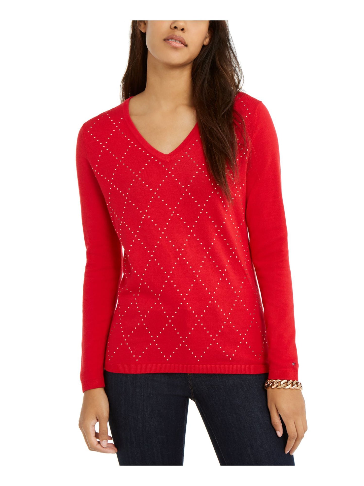 Tommy Hilfiger Women's Studded Cozy Pullover Sweater Red Size Medium