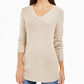 Charter Club Women's  Herringbone Long Sleeve V Neck T-Shirt Beige Size Petite M