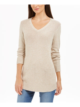 Charter Club Women's  Herringbone Long Sleeve V Neck T-Shirt Beige Size Petite M