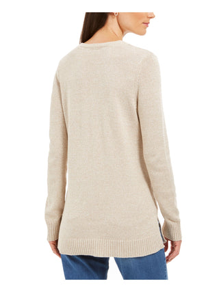 Charter Club Women's  Herringbone Long Sleeve V Neck T-Shirt Beige Size Petite M