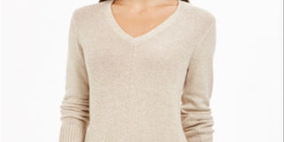 Charter Club Women's  Herringbone Long Sleeve V Neck T-Shirt Beige Size Petite M