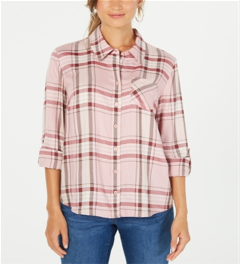 Style & Co Women's Plaid One Pocket Shirt Pink Size M