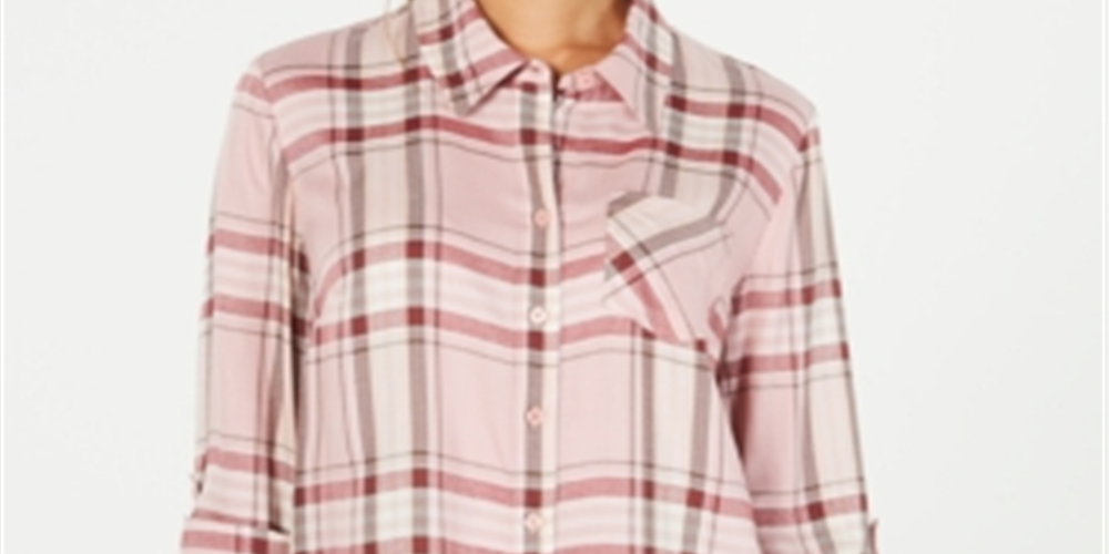 Style & Co Women's Plaid One Pocket Shirt Pink Size M