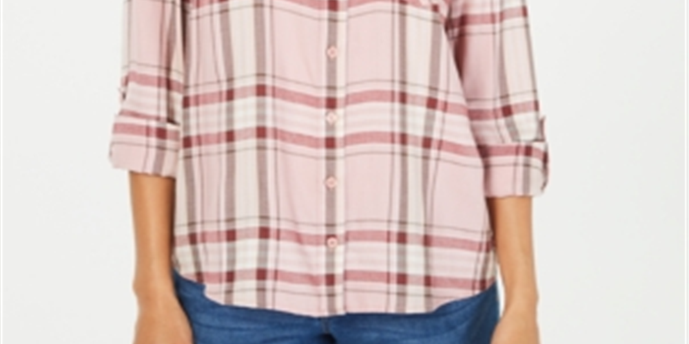 Style & Co Women's Plaid One Pocket Shirt Pink Size M