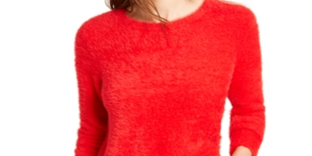BAR III Women's Eyelash Finish Long Sleeve Jewel Neck T-Shirt Sweater Red Size Medium