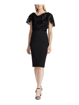Ralph Lauren Women's Floral Cap Sleeve Jewel Neck Knee Length Evening Sheath Dress Black Size 12