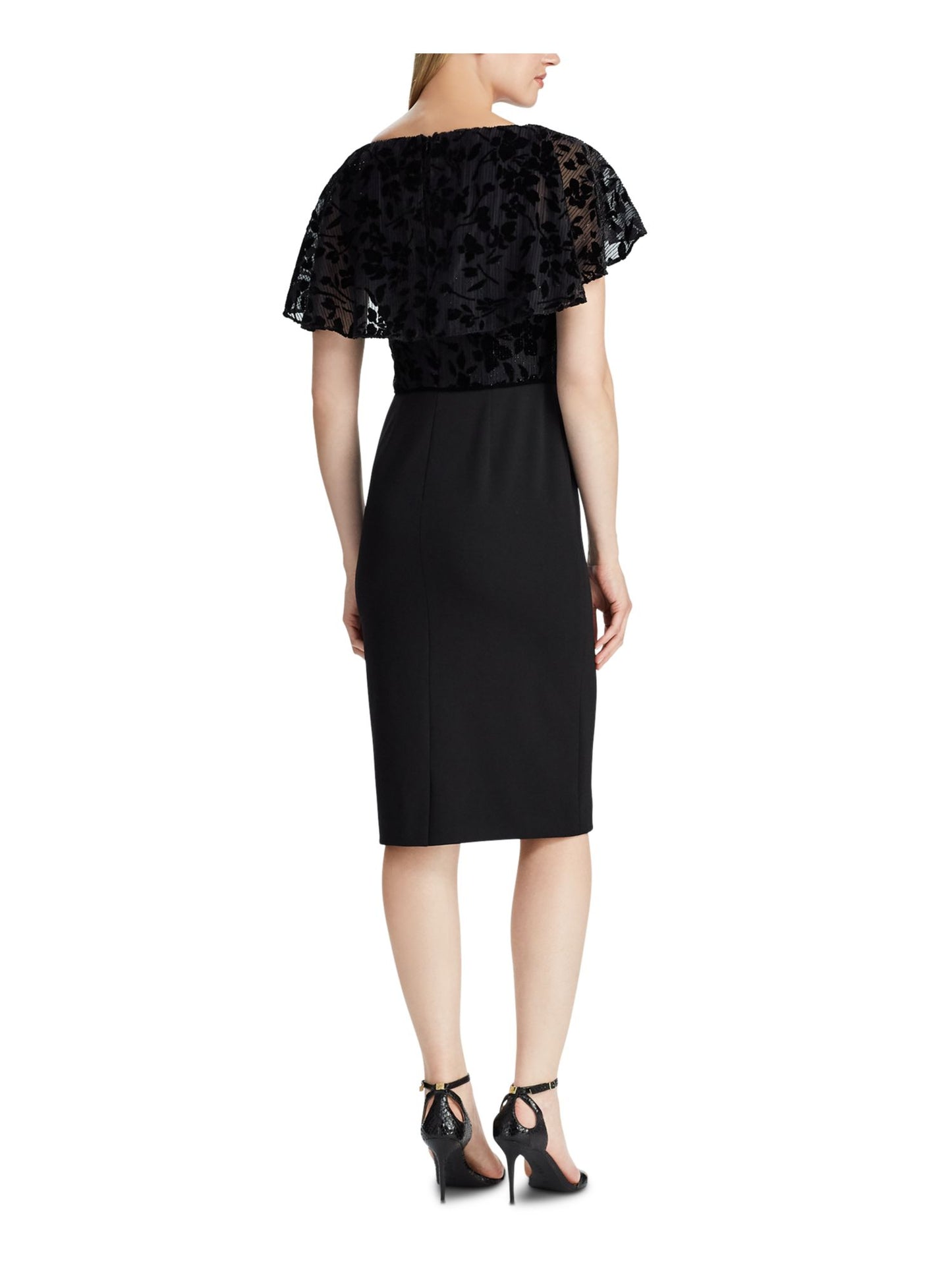 Ralph Lauren Women's Floral Cap Sleeve Jewel Neck Knee Length Evening Sheath Dress Black Size 12