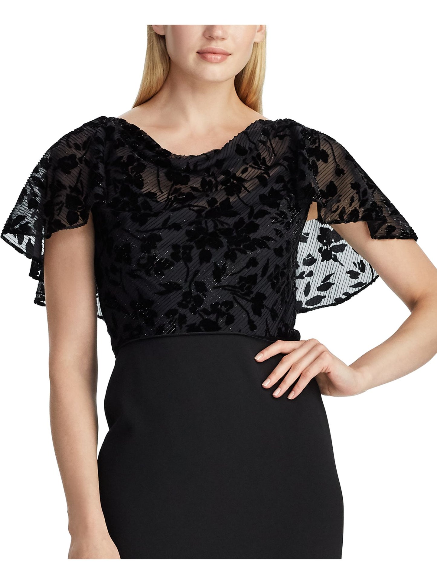 Ralph Lauren Women's Floral Cap Sleeve Jewel Neck Knee Length Evening Sheath Dress Black Size 12